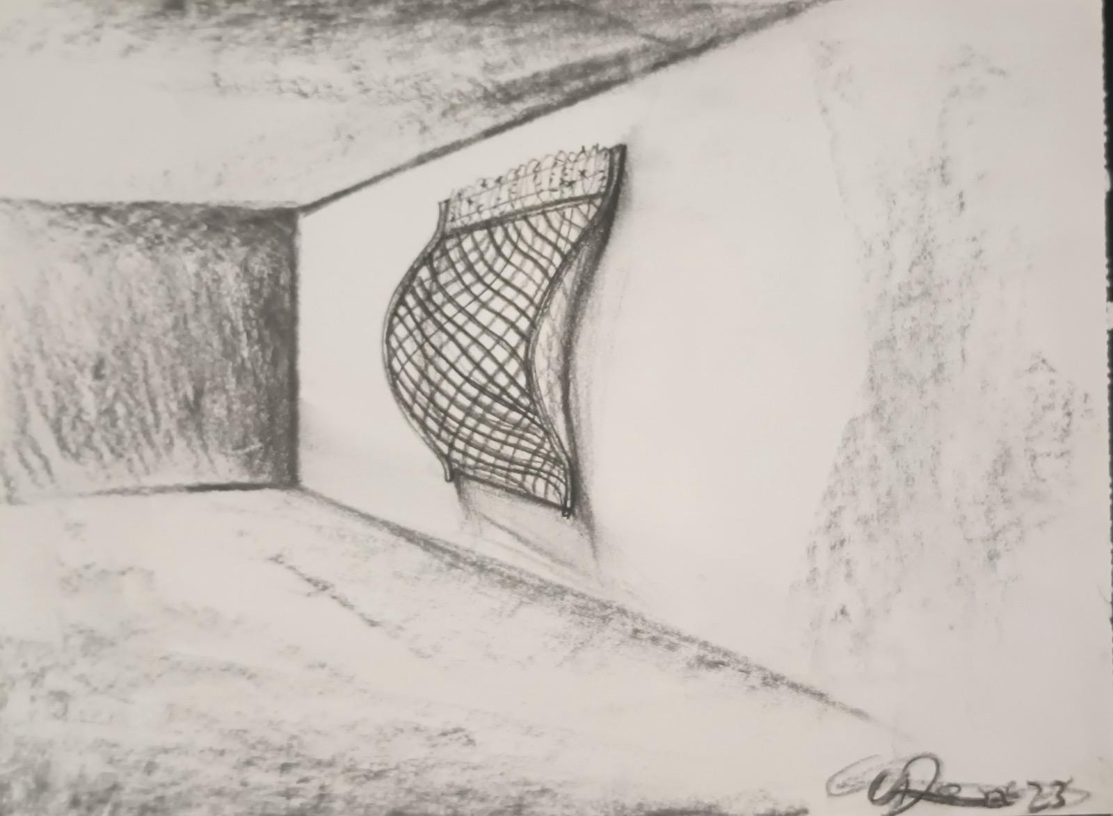 Pregnancy — installation proposal with a curved mesh structure mounted on a wall — Alejandro David Quesada Vázquez